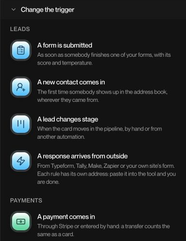 Live trigger catalog showing form submission, new contact, stage change, external response, and payment received.