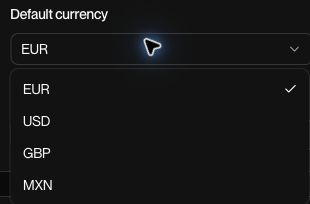 Settings → Business → Default currency: the actual selector for the business’s primary currency, in English.