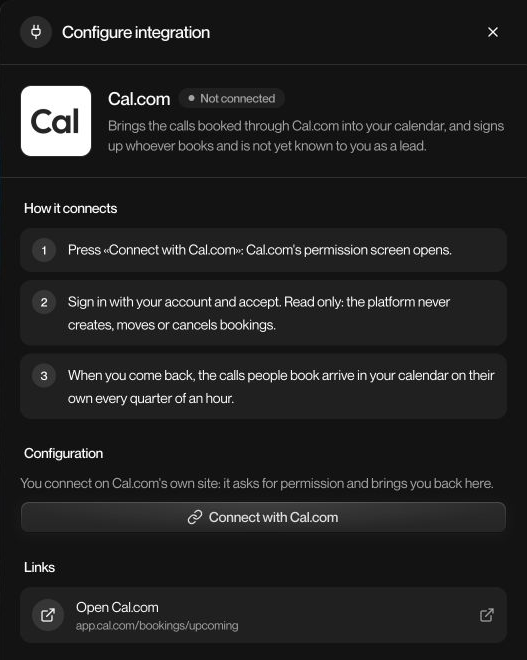 Live Cal.com panel before connecting, with read-only connection instructions and Connect with Cal.com.