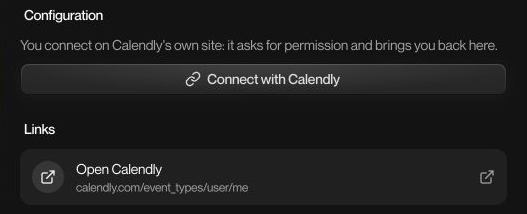 Calendly configuration in the live English interface. Connect with Calendly opens the provider’s authorization.