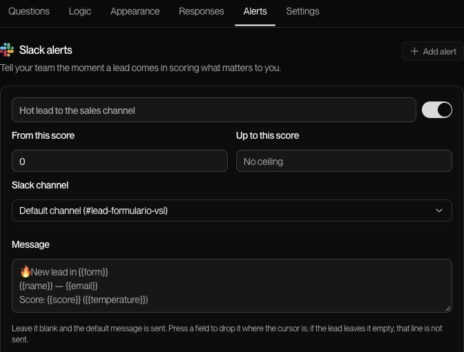 Live editor for a new, unsaved alert: Alerts tab, name, enabled state, score range, channel, and message. Gray text is provided by the form as placeholder examples.