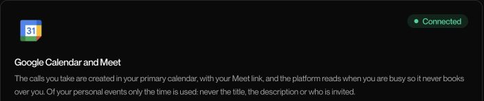 Top of the live Google Calendar and Meet card showing Connected. The account email is outside the crop.