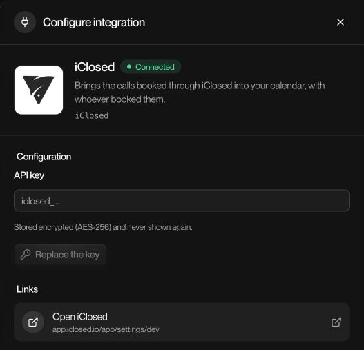 Live iClosed panel with an empty API key field. This account is already connected, so the button reads Replace the key. No key was replaced.