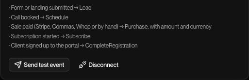 The lower part of the actual Meta CAPI panel in English, with the connection already active: event types and the test button. Account identifiers are outside the crop.