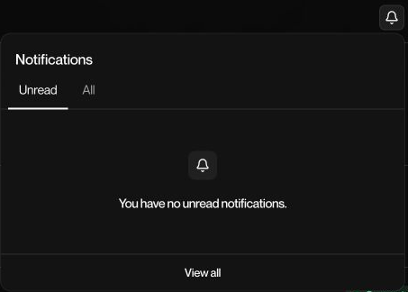 Top-bar notification bell with its panel open. This account had no unread notifications when the screenshot was taken.