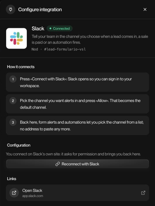 Live Slack panel connected to a workspace and channel. An existing connection shows Reconnect with Slack.